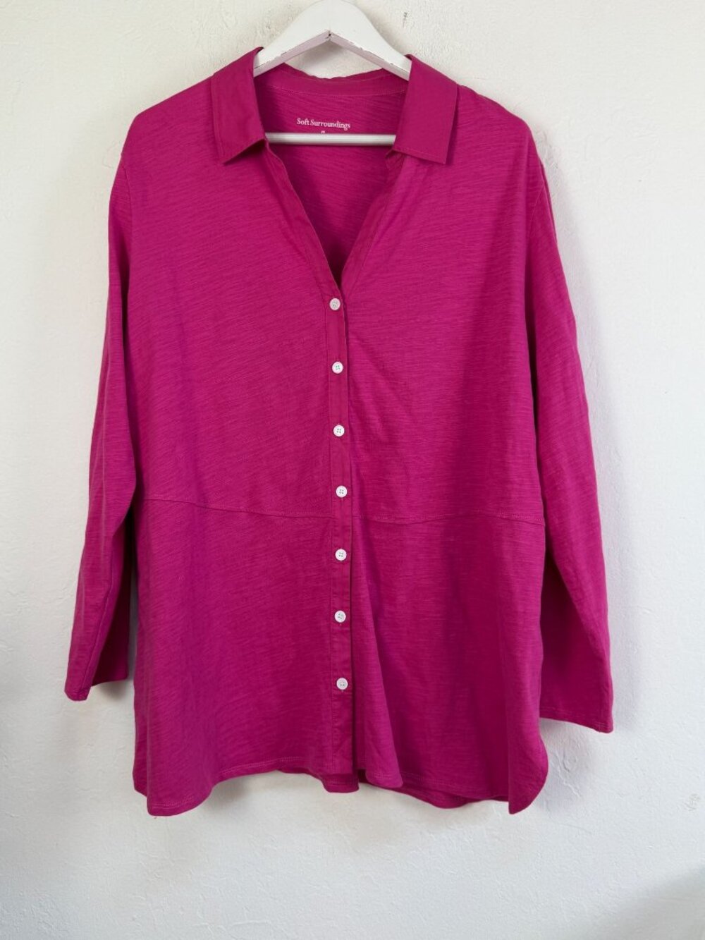 Soft Surroundings Womens Magenta Pink Slub Knit Button Down Tunic Top XL NWOT